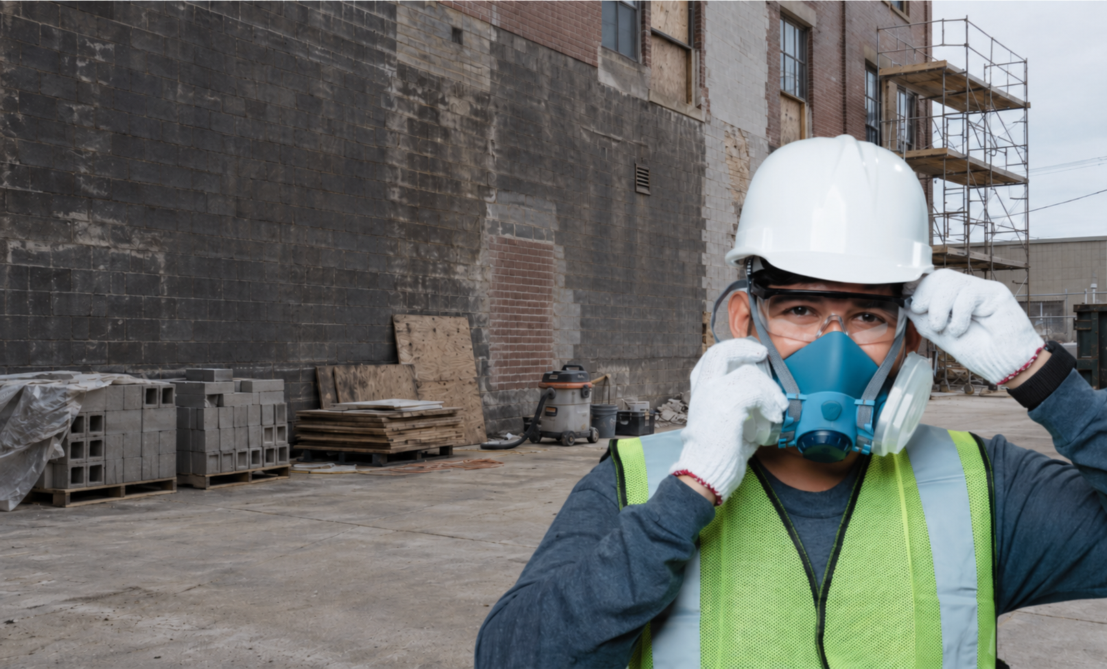 Worker controlling respirable crystalline silica dust during construction